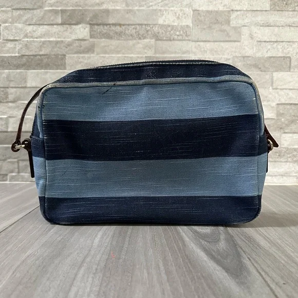 Kate Spade Denim Stripe Crossbody Camera Bag- leather Strap- Blue Brown Gold - Picture 7 of 11